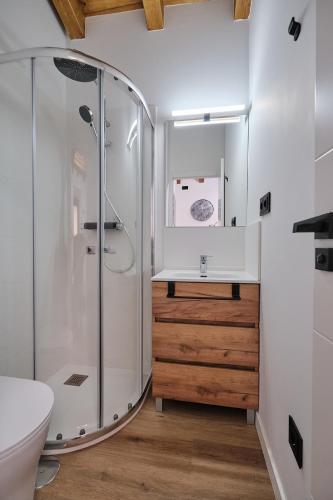 a bathroom with a shower and a toilet and a sink at As casiñas da Figueira by Serendipia Turismo in A Pobra do Caramiñal
