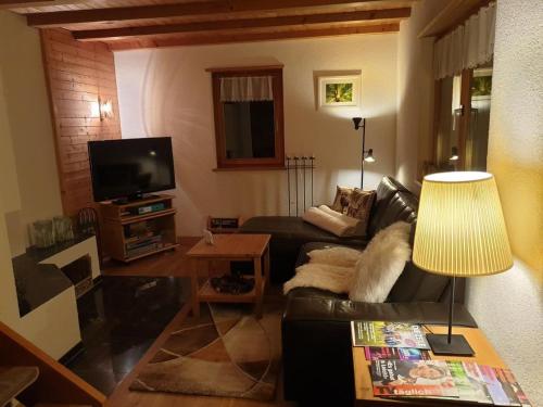 a living room with a leather couch and a television at Chalet Traumfleck in Necker