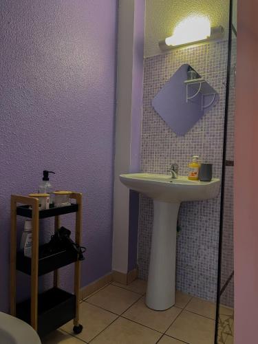 a bathroom with a sink and a purple wall at Cocon Montabo - logement tout équipé avec climatisation et Wi-Fi - à seulement 5 min de la plage in Cayenne