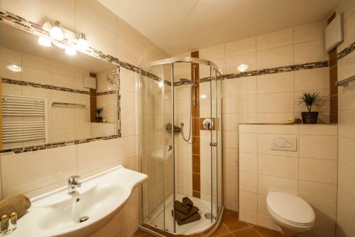 a bathroom with a shower and a sink and a toilet at Gästehaus Wöberlerhof in Ehrwald
