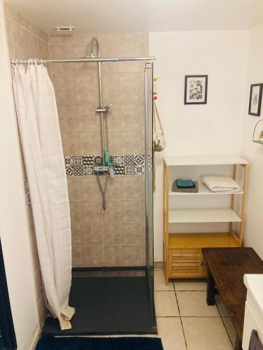 a shower with a glass door in a bathroom at Petite maison à la campagne in Saint-Germain