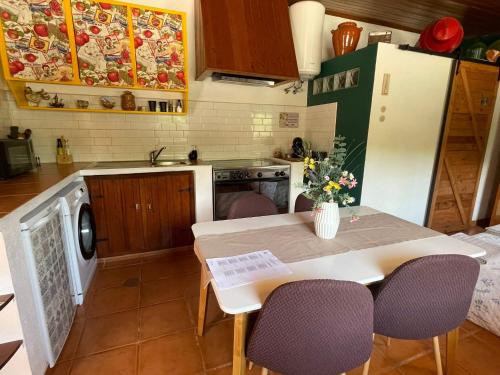 a kitchen with a table and chairs and a refrigerator at DEl Rey Guest House in Tomar