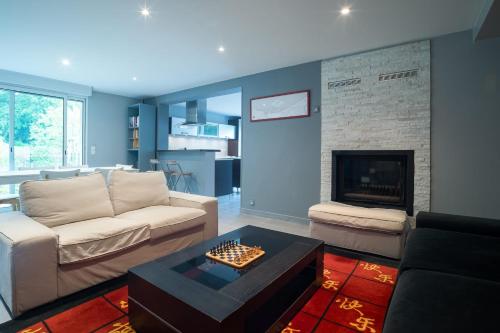 シブールにあるAppartement Harmonie - Welkeysのソファと暖炉のあるリビングルーム