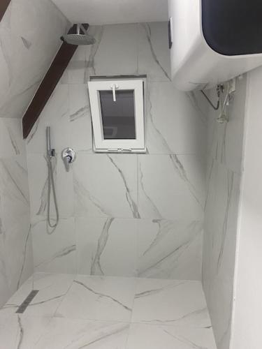 a bathroom with a shower with a picture on the wall at Forest Escape in Theth