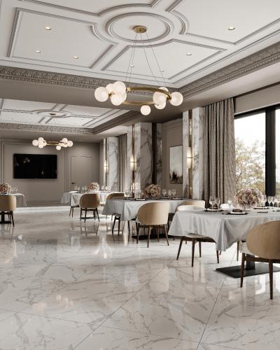 a dining room with white tables and chairs at Shirvan Grand Hotel Shamakhi in Şamaxı