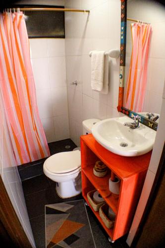 a bathroom with a sink and a toilet and a mirror at Balcones del Lago de Tota in Sogamoso