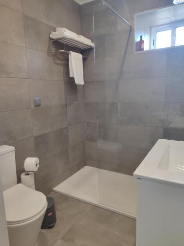 a bathroom with a shower and a toilet and a sink at Calço da Figueira in Horta