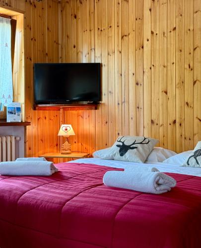 a bedroom with two beds with a tv on the wall at Case Vacanza Perron in Sauze dʼOulx