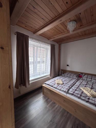 a bedroom with a bed and a large window at Párty penzion Dolany in Čkyně