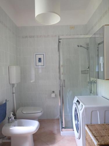a bathroom with a shower and a toilet and a sink at Casa Il Volo in San Zeno di Montagna