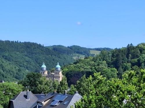 an image of a castle in the hills with trees at Les mésanges bleu in Malmedy