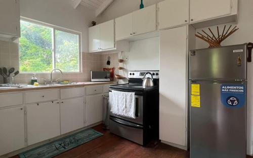 a kitchen with a stainless steel refrigerator and white cabinets at ZenBreak The Tree House Apartment in Saint George