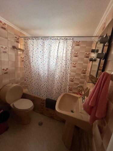 a small bathroom with a toilet and a sink at Marina's house in Preveza