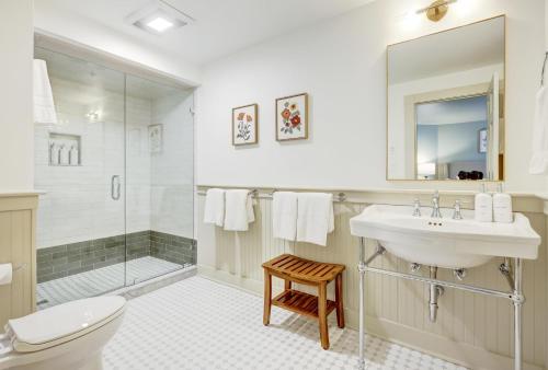 a bathroom with a toilet and a sink and a shower at The 200 South St - King Rm 14 in Charlottesville