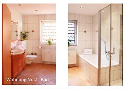 2 Bilder eines Badezimmers mit einer Badewanne und einem WC in der Unterkunft Ferienwohnungen Schallenberg Nr 2 in Groß-Umstadt