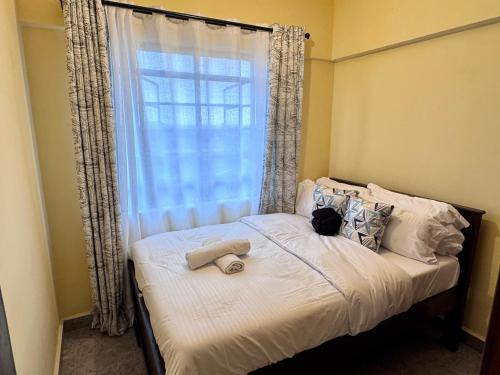 een bed met een raam waarop een kat zit bij The R&M Escapes in Kisumu