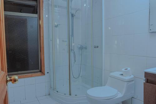 a bathroom with a toilet and a glass shower at Cabañas Bordemar Habitaciones para 2 y 3, Cabañas para 4 y 5 huéspedes in Tomé