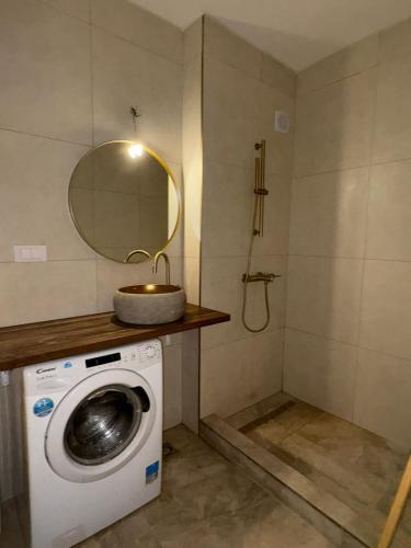 y baño con espejo y lavadora. en Apartman Viktoria, en Sajmište