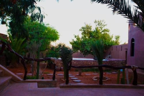 a garden with trees and a fence in front of a building at Le Petit Yucca in Tiznit