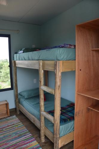 two bunk beds in a room with a window at La Brújula Hostel in La Paloma