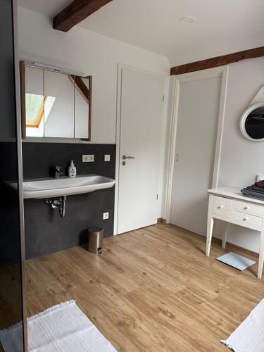 a room with a mirror and a white door and wooden floors at Saniertes Penthouse im Park am Goitzschesee in Bitterfeld