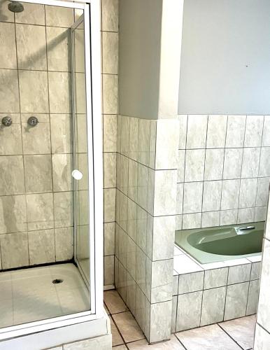 a bathroom with a shower and a sink at De'Lush Oasis in Pretoria