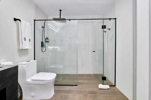 a bathroom with a toilet and a glass shower at Casa Guogu by AmazINN Places 2f in Panama City