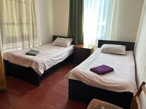 two beds sitting next to each other in a room at Svaneti Heaven in Lentekhi