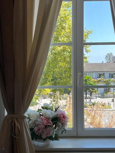 a vase of flowers sitting on a window sill at Appartement de luxe plein centre in Divonne-les-Bains
