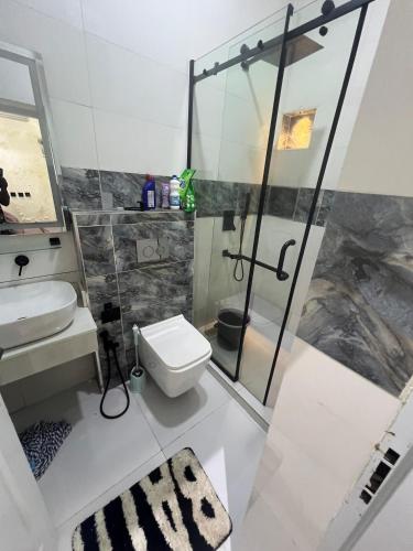 a bathroom with a shower and a toilet and a sink at MedeHeights Apartments in Abuja