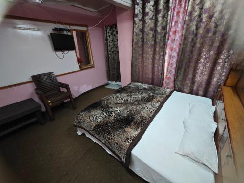 a bedroom with a bed and a chair and a television at Lake Boulevard Guest House in Srinagar