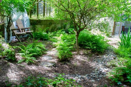 a bench sitting next to a tree in a garden at The Owls Nest with Hot Tub and Forest Views! in Portland