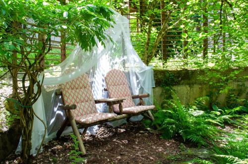a couple of chairs sitting in a garden at The Owls Nest with Hot Tub and Forest Views! in Portland