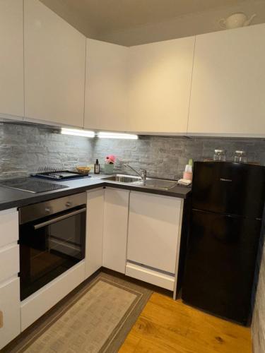 a kitchen with a sink and a black refrigerator at Wilena Apartments in Villach