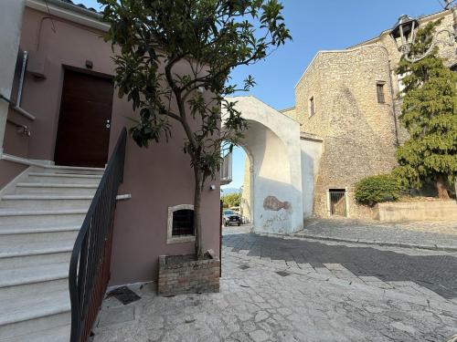 a tree sitting next to a building with a gate at Casa Vacanza IsaCla al Castello in Montemiletto