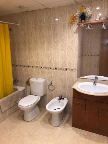 a bathroom with a toilet and a sink at Apartament L'Ampolla BLAU a 50 m del MAR, WIFI, parking in L'Ampolla