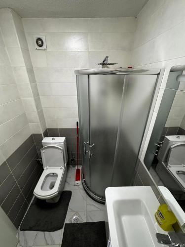 a small bathroom with a toilet and a sink at Nest Apartments - FK Luxury in Kosovo Polje