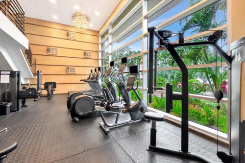 a gym with a row of exercise bikes in a room at Watch the dolphins Large balcony Suite and heated pool in Ruskin
