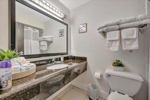 a bathroom with a sink and a toilet and a mirror at Watch the dolphins Large balcony Suite and heated pool in Ruskin