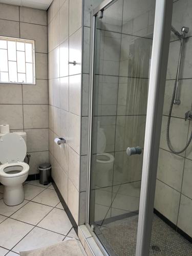 a bathroom with a shower and a toilet at Hotel Pension Casa Africana in Windhoek