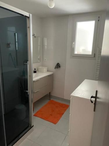 een witte badkamer met douche en wastafel bij Maison de campagne proche D'Angers in La Meignanne