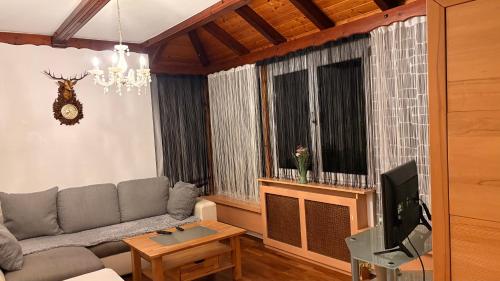a living room with a couch and a tv at Apartment Dolina 8a Kärnten KLagenfurt in Dolina