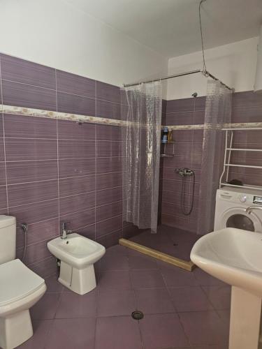 Un baño con ducha, inodoro y lavabo. en Leka Guest house, en Pogradec