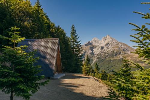 a building on a road with a mountain in the background at Komovi Luxury House in Andrijevica