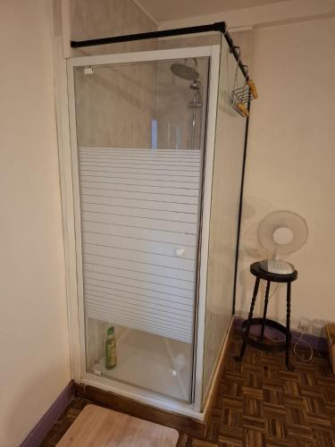 a glass shower door with a blind in a room at Le phare de l'âme in Briatexte