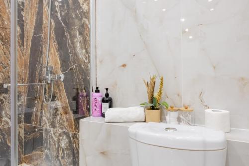 a white bathroom with a toilet and a shower at Buhar Zhyray Exclusive-1 in Zhezdi