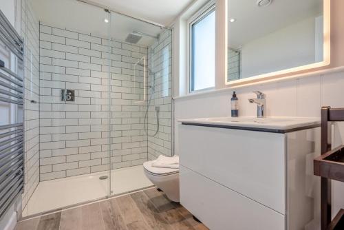 a bathroom with a toilet and a sink and a shower at Fair Skies in St Merryn