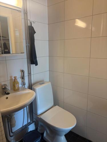 a bathroom with a white toilet and a sink at 4th floor condo in Heinola