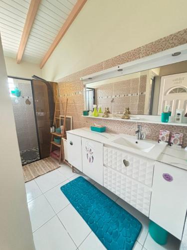 a bathroom with a sink and a mirror at Secrète Paradise in Capesterre-Belle-Eau