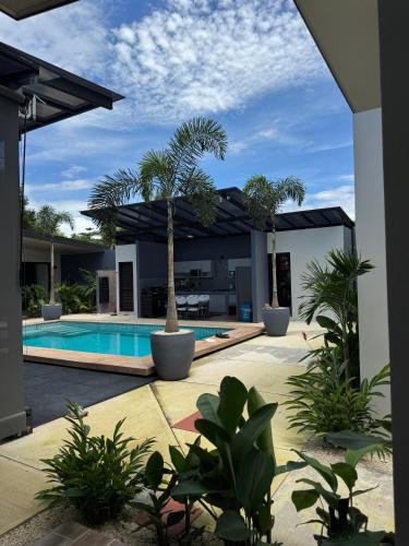 a villa with a swimming pool and a palm tree at Jardín de Martín - Hotel Boutique in Puerto Jiménez